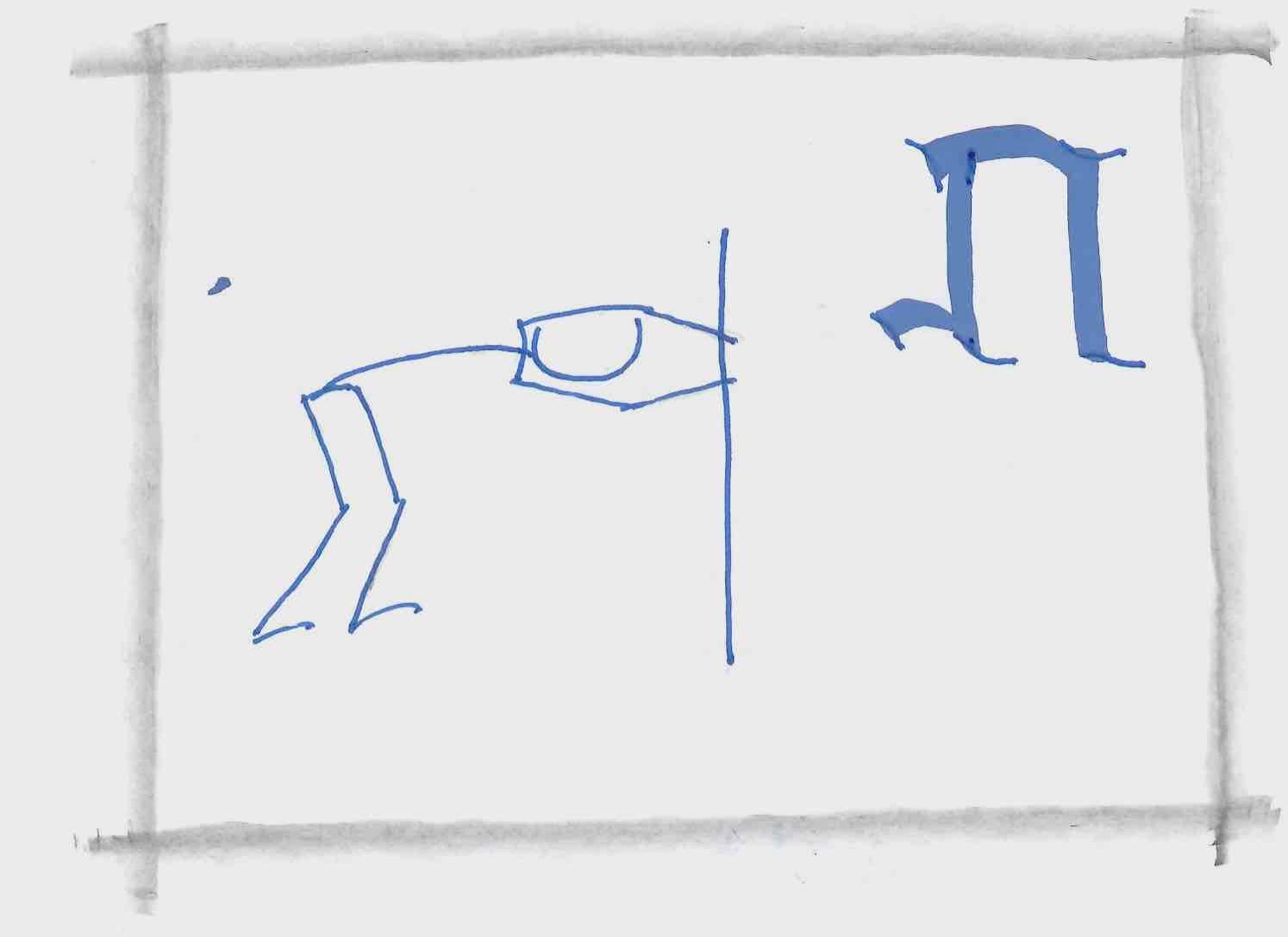 Hand-drawn figure in a Tav-inspired posture beside the Proto-Hebrew Tav pictograph