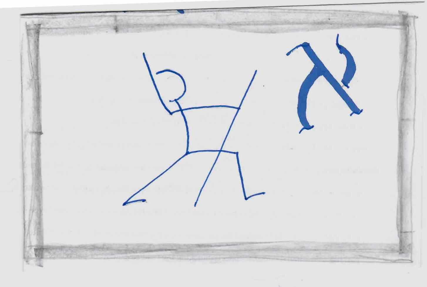 Hand-drawn figure in a Aleph-inspired posture beside the Proto-Hebrew Aleph pictograph
