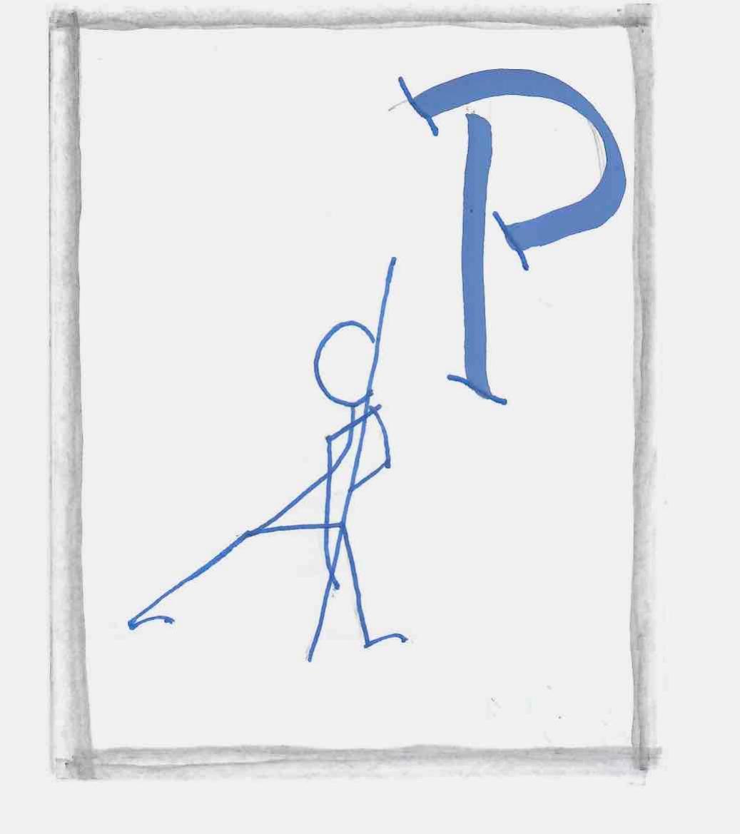 Hand-drawn figure in a Qof-inspired posture beside the Proto-Hebrew Qof pictograph